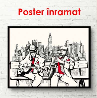 Poster - Desenul grafic al muzicienilor de pe o bancă, 90 x 60 см, Poster înrămat