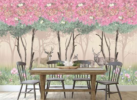 Wall Mural - Park with pink flowers and deer