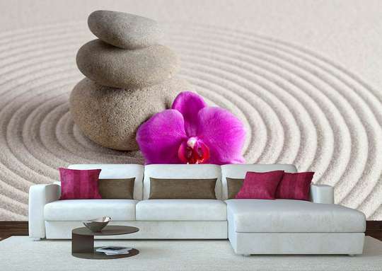 Фотообои - Круги на песке и фиолетовая орхидея