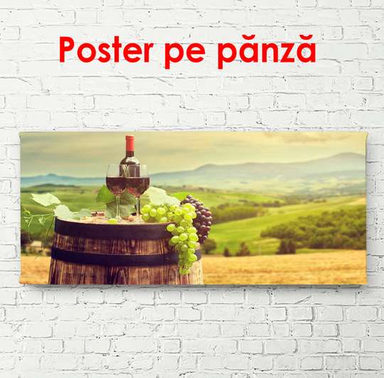 Poster - A bottle of wine with grapes on a barrel against the background of the park, 90 x 45 см, Framed poster, Food and Drinks