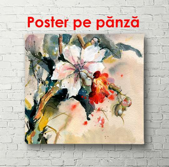 Постер - Композиция из белого цветка и листьями, 100 x 100 см, Постер в раме, Цветы