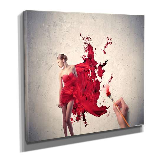 Постер - Девушка в красном платье, 40 x 40 см, Холст на подрамнике, Живопись