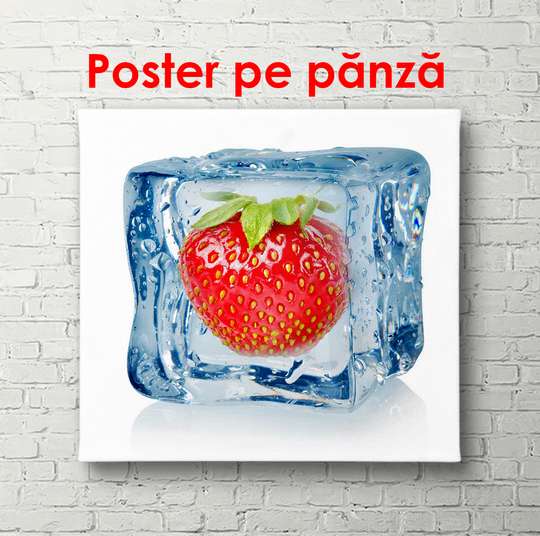 Poster - Strawberries in an ice cube, 100 x 100 см, Framed poster, Food and Drinks