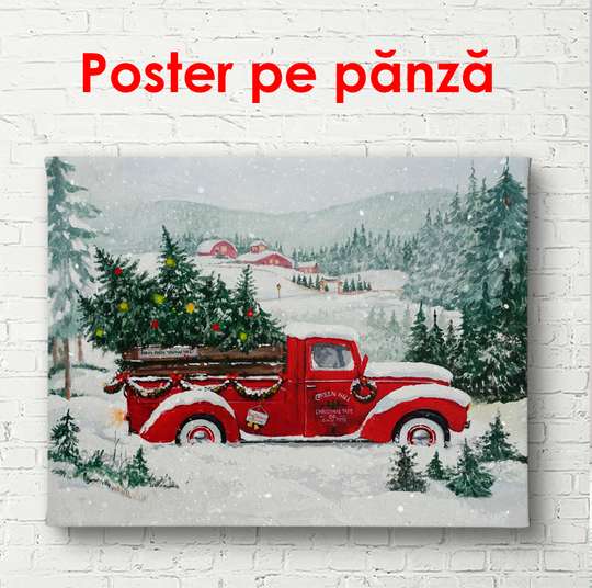 Постер, Красный ретро автомобиль с Рождественской ёлкой, 45 x 30 см, Холст на подрамнике