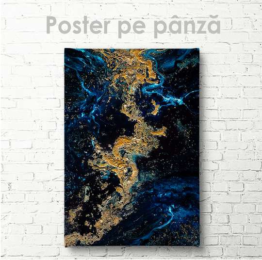 Постер - Золото с синей краской, 30 x 45 см, Холст на подрамнике, Абстракция