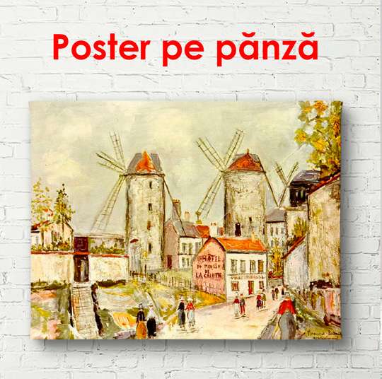 Постер - Винтажный город с мельницей песочного цвета, 90 x 60 см, Постер в раме, Винтаж