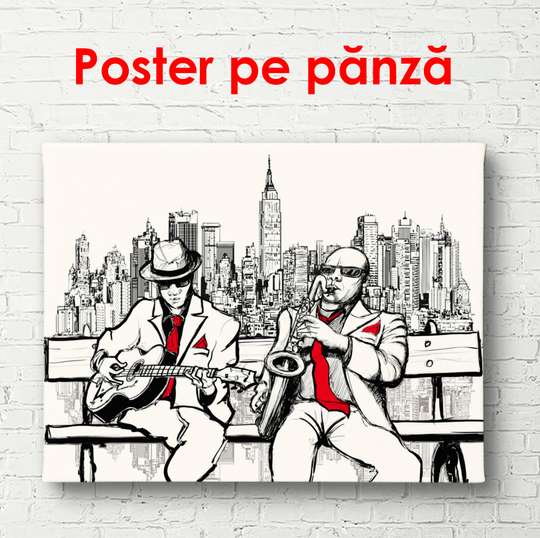 Постер - Графический рисунок музыкантов на скамейке, 90 x 60 см, Постер в раме