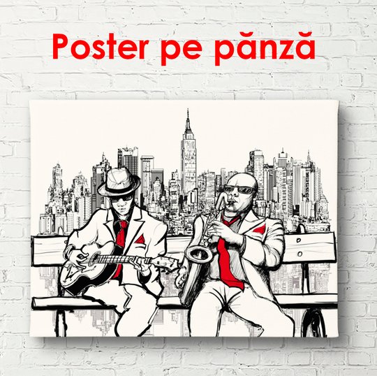 Постер, Графический рисунок музыкантов на скамейке, 90 x 60 см, Постер в раме