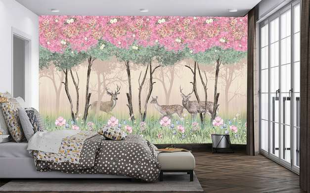Wall Mural - Park with pink flowers and deer