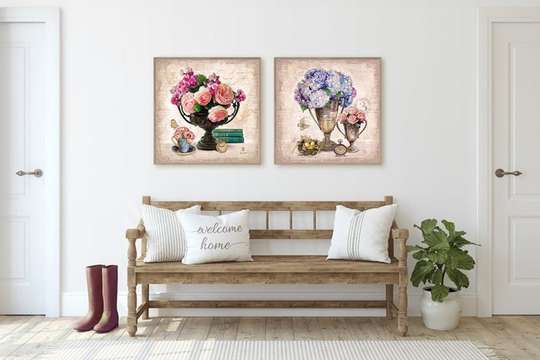 Poster - Bouquets with peonies, 80 x 80 см, Framed poster on glass, Sets