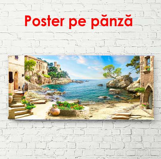 Постер - Летний дворик с видом на озеро, 90 x 45 см, Постер в раме, Природа
