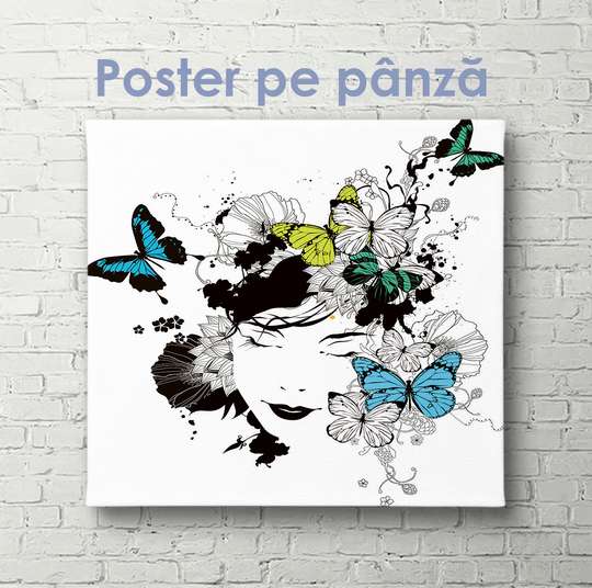 Постер - Девушка с бабочками 2, 40 x 40 см, Холст на подрамнике, Разные