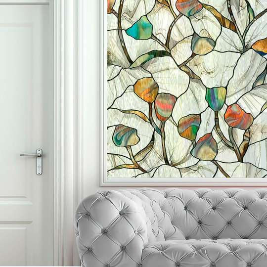 Window Privacy Film, Decorative stained glass window with abstract flowers, 60 x 90cm, Transparent