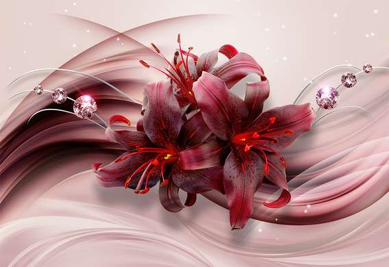 Fototapet - Crini rosii pe un fundal roz