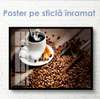 Постер - Кофейные зерна и чашка горячего кофе, 90 x 60 см, Постер на Стекле в раме