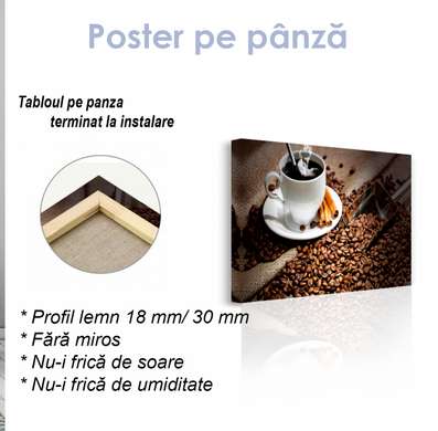 Poster - Boabe de cafea și o ceașcă de cafea fierbinte, 90 x 60 см, Poster inramat pe sticla