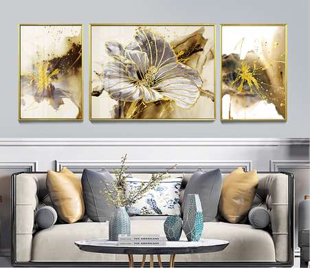 Poster - Floare gri cu elemente aurii, 40 x 60 см-X2 60 x 90 см - X1, Panza pe cadru