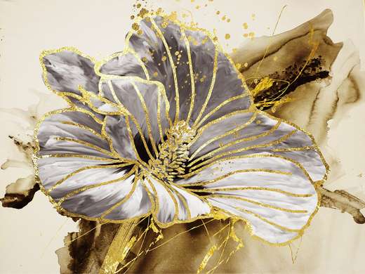Poster - Floare gri cu elemente aurii, 40 x 60 см-X2 60 x 90 см - X1, Panza pe cadru