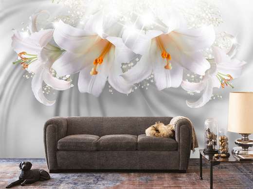 Wall Mural - White lilies on a white background