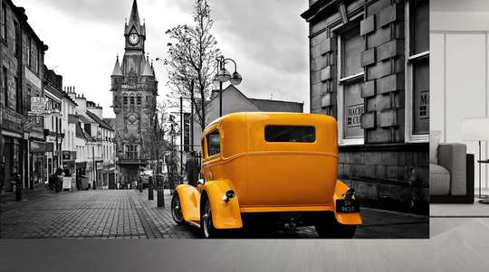 Fototapet, Mașină galbenă în oraș alb-negru