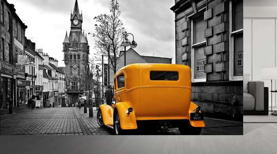 Фотообои - Желтый автомобиль в черно-белом городе