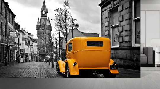 Фотообои, Желтый автомобиль в черно-белом городе
