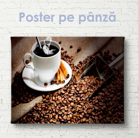 Постер - Кофейные зерна и чашка горячего кофе, 90 x 60 см, Постер на Стекле в раме, Еда и Напитки