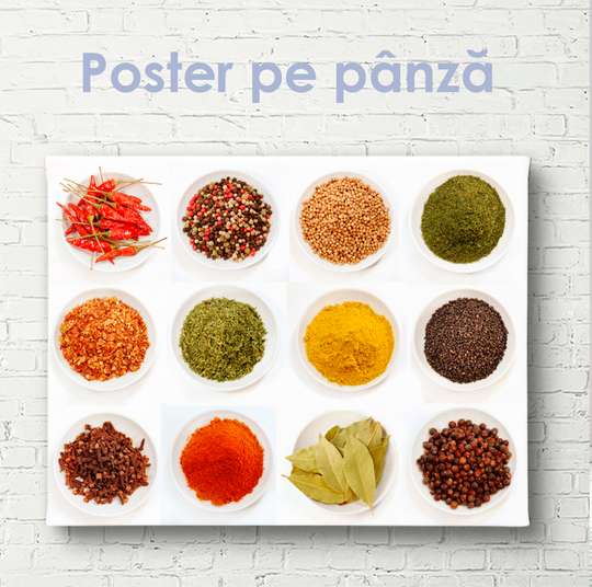 Poster - Plateau of different spices, 90 x 60 см, Framed poster on glass, Food and Drinks