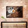 Poster - Coffee beans and a cup of hot coffee, 90 x 60 см, Framed poster on glass