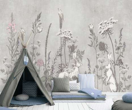 Wall mural for the nursery - Bunnies in the grass