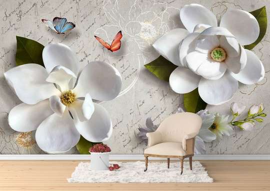 Wall Mural - White flowers and colorful butterflies