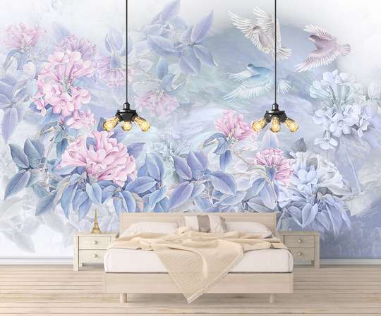 Wall Mural - Pink flowers with blue leaves