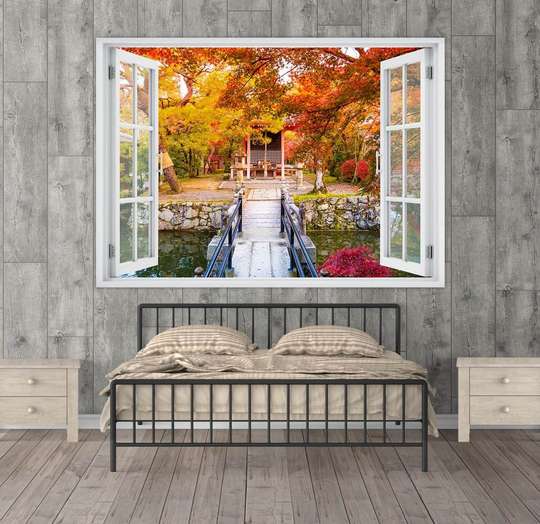 Наклейка на стену - 3D-окно с видом на дом в лесу, 130 х 85