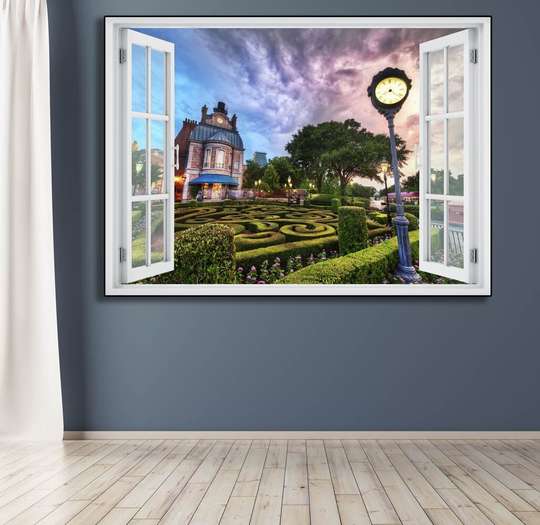 Наклейка на стену - 3D-окно с видом на лабиринтный замок, 130 х 85