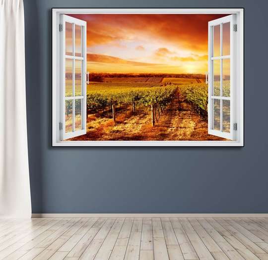 Stickere pentru pereți - Fereastra 3D cu vedere spre o livadă la apus de soare, 130 х 85