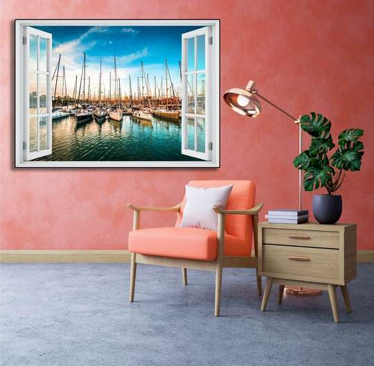 Wall Sticker - 3D window overlooking a crowded port with boats