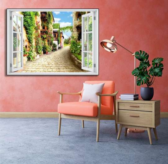 Wall Sticker - 3D window overlooking the courtyard with flowers