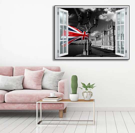 Наклейка на стену - 3D-окно с видом на Великобританию, Имитация окна, 130 х 85