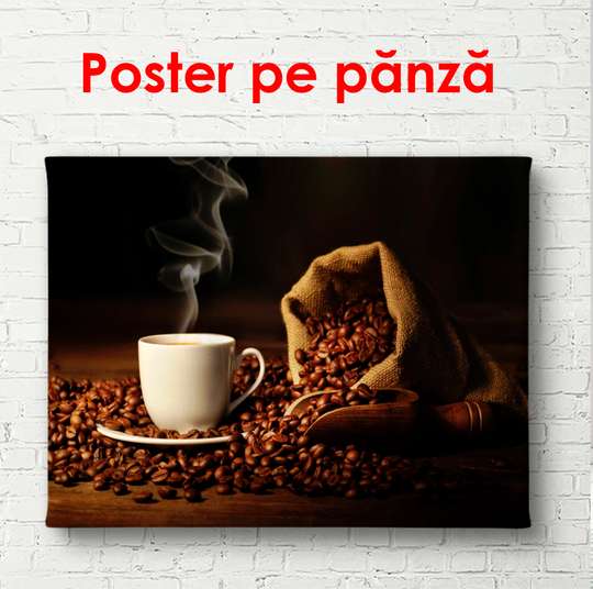 Постер - Чашка кофе с мешочком кофе на столе, 90 x 60 см, Постер в раме, Еда и Напитки