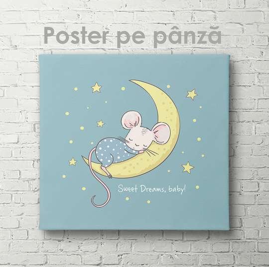Постер - Мышка на луне, 40 x 40 см, Холст на подрамнике, Для Детей