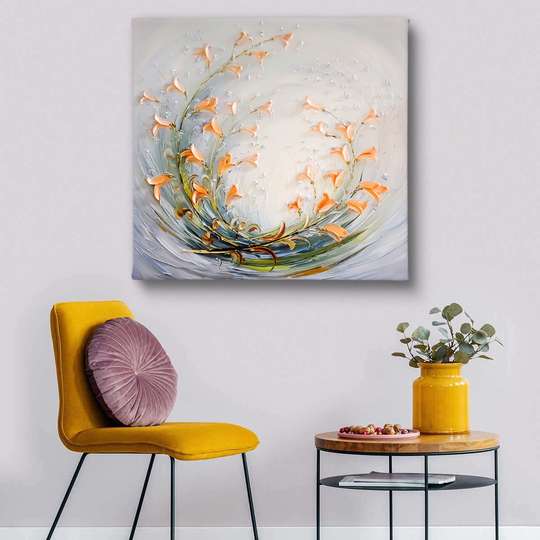 Постер - Оранжевые цветы на сером фоне, 40 x 40 см, Холст на подрамнике, Цветы