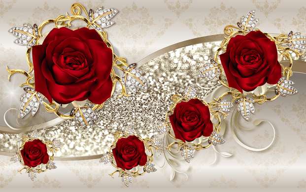 Wall Mural - Red roses on a golden background