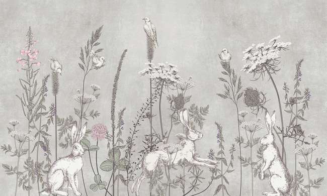 Wall mural for the nursery - Bunnies in the grass
