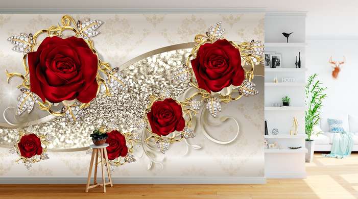Wall Mural - Red roses on a golden background
