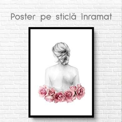 Poster - Domnisoara si florile roz pal, 30 x 45 см, Panza pe cadru