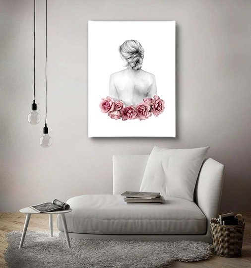 Постер, Девушка и нежно розовые цветы, 30 x 45 см, Холст на подрамнике