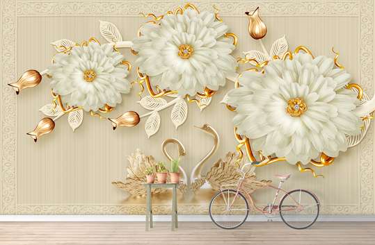 Wall Mural - Beige flowers and golden swans