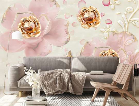 Wall Mural - Pink roses from a brooch with golden butterflies