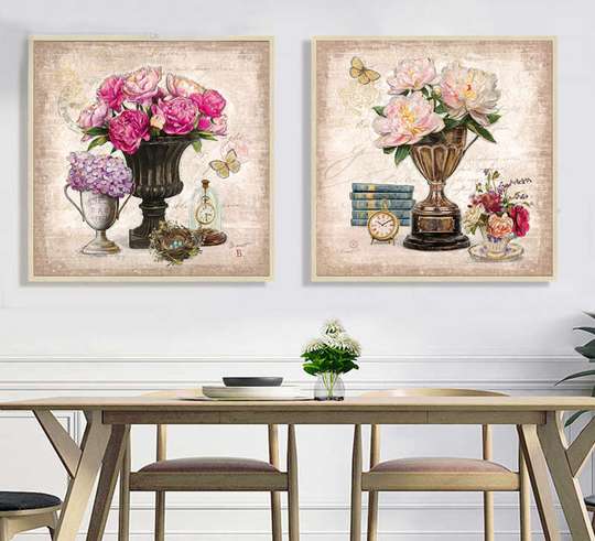 Poster - Bouquets with peonies 9, 80 x 80 см, Framed poster on glass, Sets