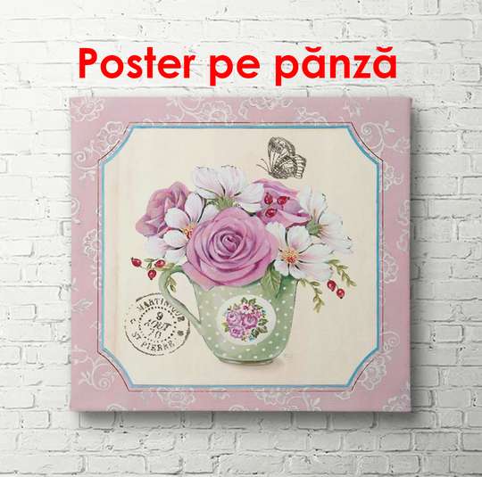 Постер - Розовая роза в вазе, 100 x 100 см, Постер на Стекле в раме, Прованс